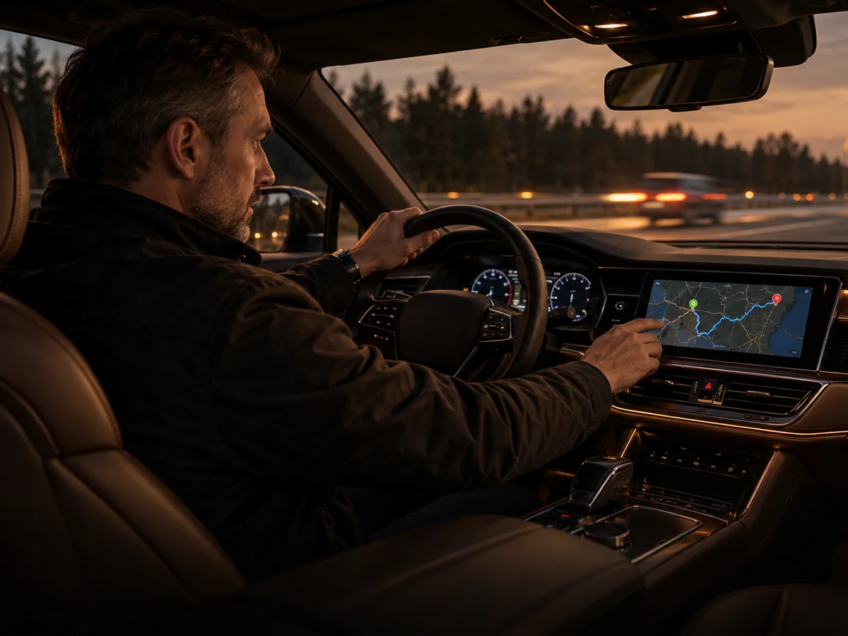 Driver planning a European vehicle delivery route using the built-in navigation screen
